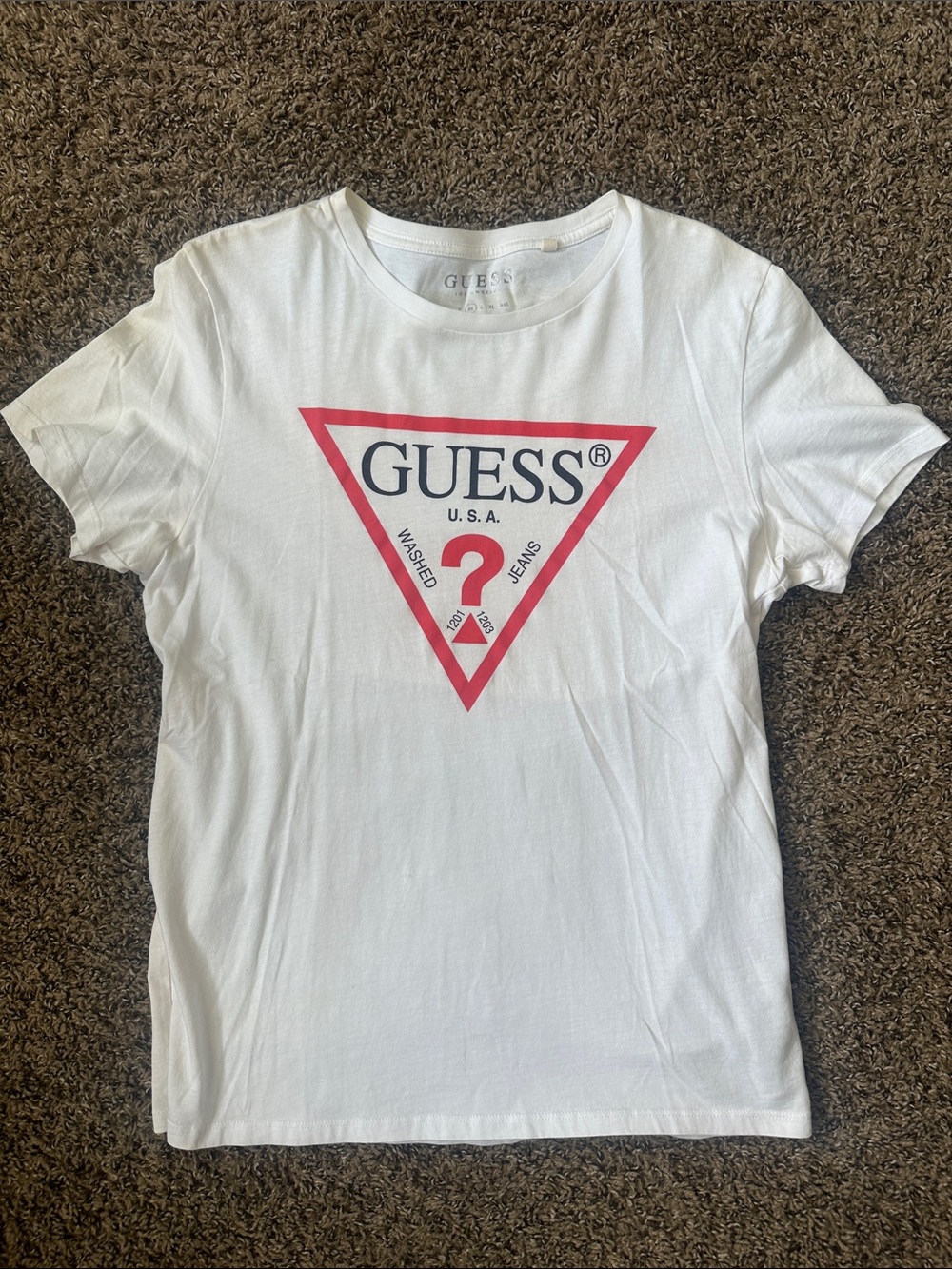 GUESS White Tee with Red Triangle and Navy Logo